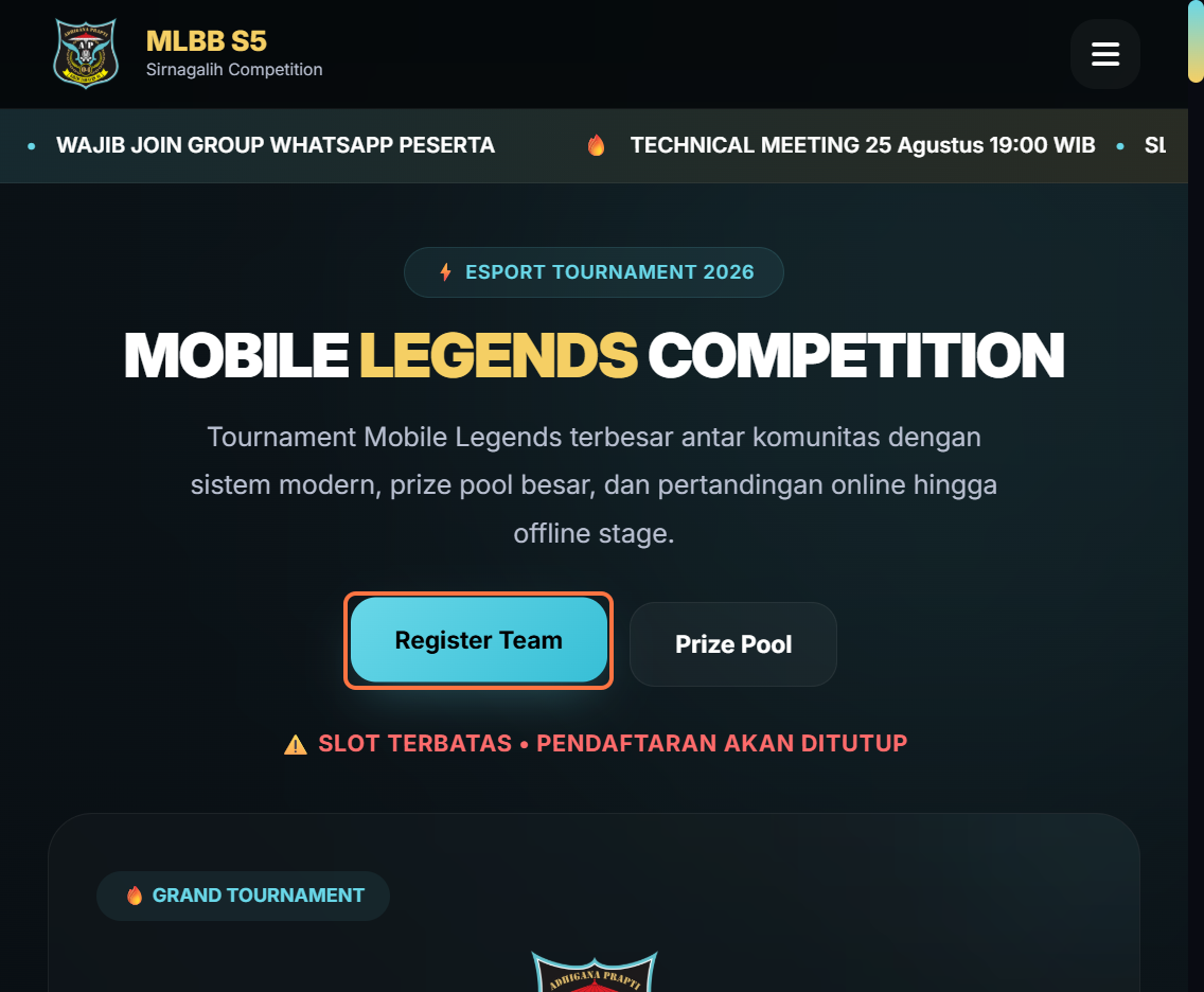 Klik Register Team